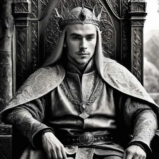 Prompt: Ultra realistic 16th century portrait, ultra high details, world class quality, close up Elven King on his throne, Fantasy Medieval, black and white Hue, warm tones, ultra detailed surrounding, ultra realistic surrounding, warm tones, diffused black tones