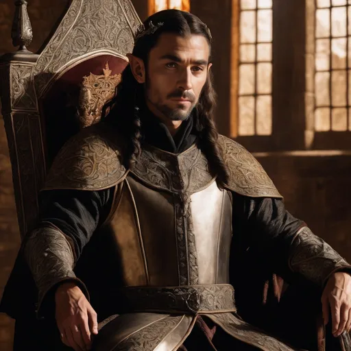 Prompt: Ultra realistic 16th century portrait, ultra high details, world class quality, Elven King on his throne, Dark brown ear, long pointy ears, Fantasy Medieval, warm tones, ultra detailed surrounding, ultra realistic surrounding, warm tones, diffused black tones