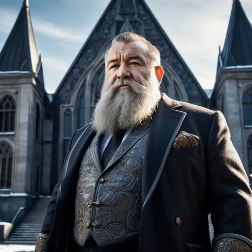 Prompt: Ultra realistic style, ultra high details, world class quality, close up Dwarven businessman, 2010s, photorealism, standing in front of government building, cold tones, ultra detailed surrounding, ultra realistic surrounding, cold tones, diffused black light, wide angle view, raw photo, 8k UHD, popular in artstation