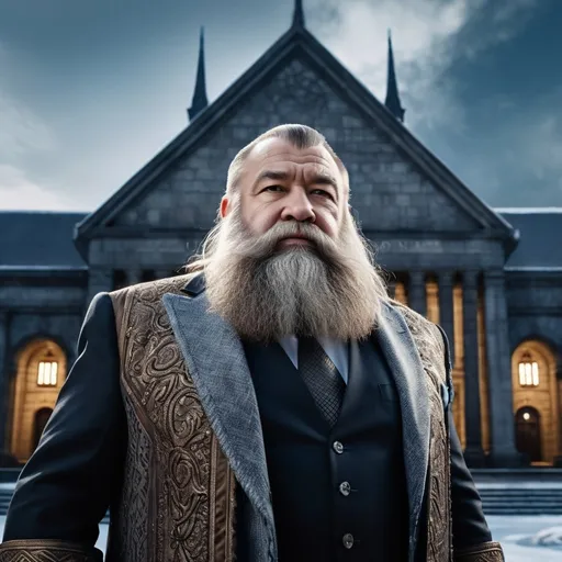 Prompt: Ultra realistic style, ultra high details, world class quality, close up Dwarven businessman, 2010s, photorealism, standing in front of government building, cold tones, ultra detailed surrounding, ultra realistic surrounding, cold tones, diffused black light, wide angle view, raw photo, 8k UHD, popular in artstation