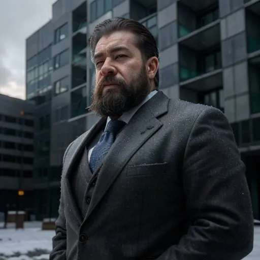 Prompt: Ultra realistic style, ultra high details, world class quality, close up Dwarven businessman, 2010s, photorealism, standing in front of government building, cold tones, ultra detailed surrounding, ultra realistic surrounding, cold tones, diffused black light, wide angle view, raw photo, 8k UHD, popular in artstation