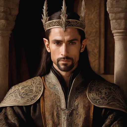 Prompt: Ultra realistic 16th century portrait, ultra high details, world class quality, Elven King on his throne, Dark brown ear, long pointy ears, Fantasy Medieval, warm tones, ultra detailed surrounding, ultra realistic surrounding, warm tones, diffused black tones