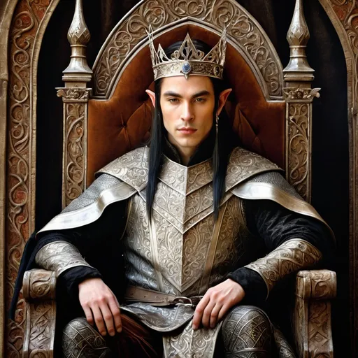 Prompt: Ultra realistic 16th century portrait, ultra high details, world class quality, close up Elven King on his throne, Fantasy Medieval, warm tones, ultra detailed surrounding, ultra realistic surrounding, warm tones, diffused black tones