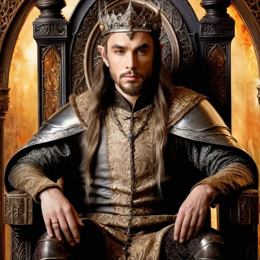 Prompt: Ultra realistic 16th century portrait, ultra high details, world class quality, close up Elven King on his throne, Fantasy Medieval, warm tones, ultra detailed surrounding, ultra realistic surrounding, warm tones, diffused black tones