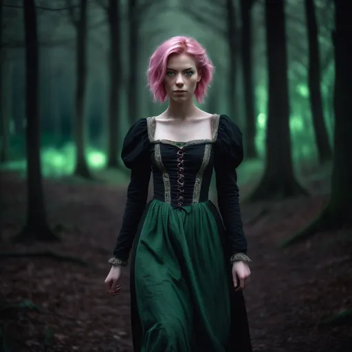 Prompt: Tall young woman with pink hair, green eyes, walking through a dark forest, wearing a medieval dress, moonlight