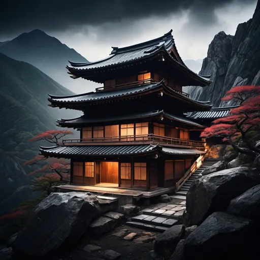 Prompt: Badass dojo on mountain peak, traditional Japanese architecture, rugged terrain, dynamic composition, high quality, intense contrast, martial arts theme, dramatic lighting, cinematic ambiance