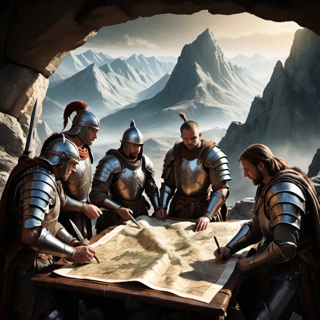 Prompt: Group of warriors strategizing over a conquest map, rugged mountain landscape, ancient parchment map, detailed armor and weapons, epic fantasy, high contrast lighting, dramatic shadows, highres, detailed, epic fantasy, intense atmosphere, mountain setting, ancient map, strategic planning, warriors, detailed armor, dramatic lighting