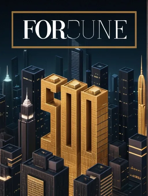 Prompt: "A futuristic cityscape at night with skyscrapers in dark colors, featuring three large golden skyscrapers forming the number '500' in the center. The 'S&P' text is displayed at the top in a bold, modern font within a rectangular frame. Dark and moody atmosphere, with soft lighting highlighting the '500' buildings."