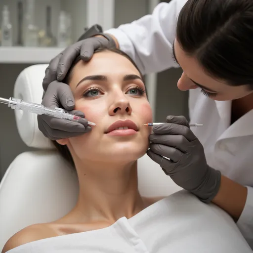 Prompt: A woman receiving dermal filler treatment in a modern, upscale medical clinic. The woman is seated comfortably, with a calm and natural expression, and her skin shows realistic texture and tones. A skilled medical practitioner, wearing a lab coat and gloves, is gently injecting dermal fillers into the woman's cheekbones and lips using fine needles. The practitioner is using precise techniques to enhance the woman’s natural features, aiming for a subtle, rejuvenating effect. The clinic is well-lit, with soft, flattering lighting that creates a soothing and professional atmosphere. The setting is minimalist, with high-end medical equipment visible in the background, reflecting a non-invasive, cosmetic procedure with a focus on natural beauty.