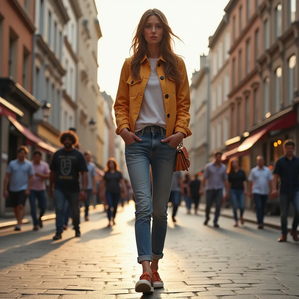 Prompt: Tall young woman walking down the high street, detailed clothing, realistic, natural lighting