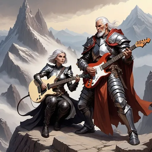 Prompt: dungeons and dragons fantasy art old paladin male playing heavy metal guitar, with short hair, on top of a mountain, with female cleric at this side
