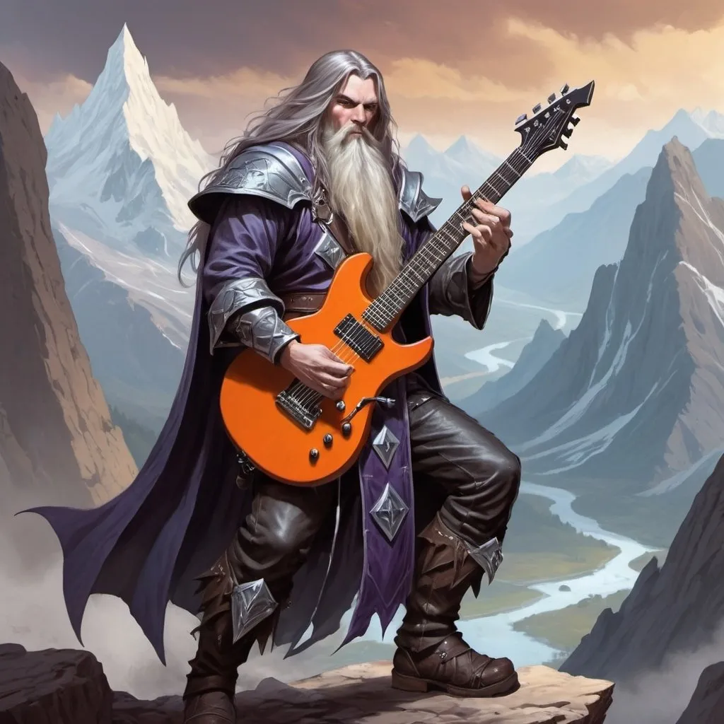 Prompt: dungeons and dragons fantasy art wizard male heavy metal guitar player, mountains in background