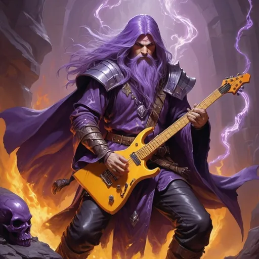 Prompt: dungeons and dragons fantasy art wizard male heavy metal guitar player, use purple, yellow, orange