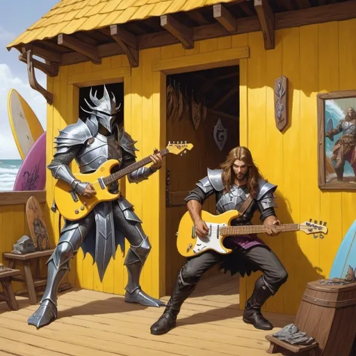 Prompt: dungeons and dragons fantasy art paladin male with wizard male , both playing heavy metal guitar, in front of yellow wooden workshop, with surf boards on wall