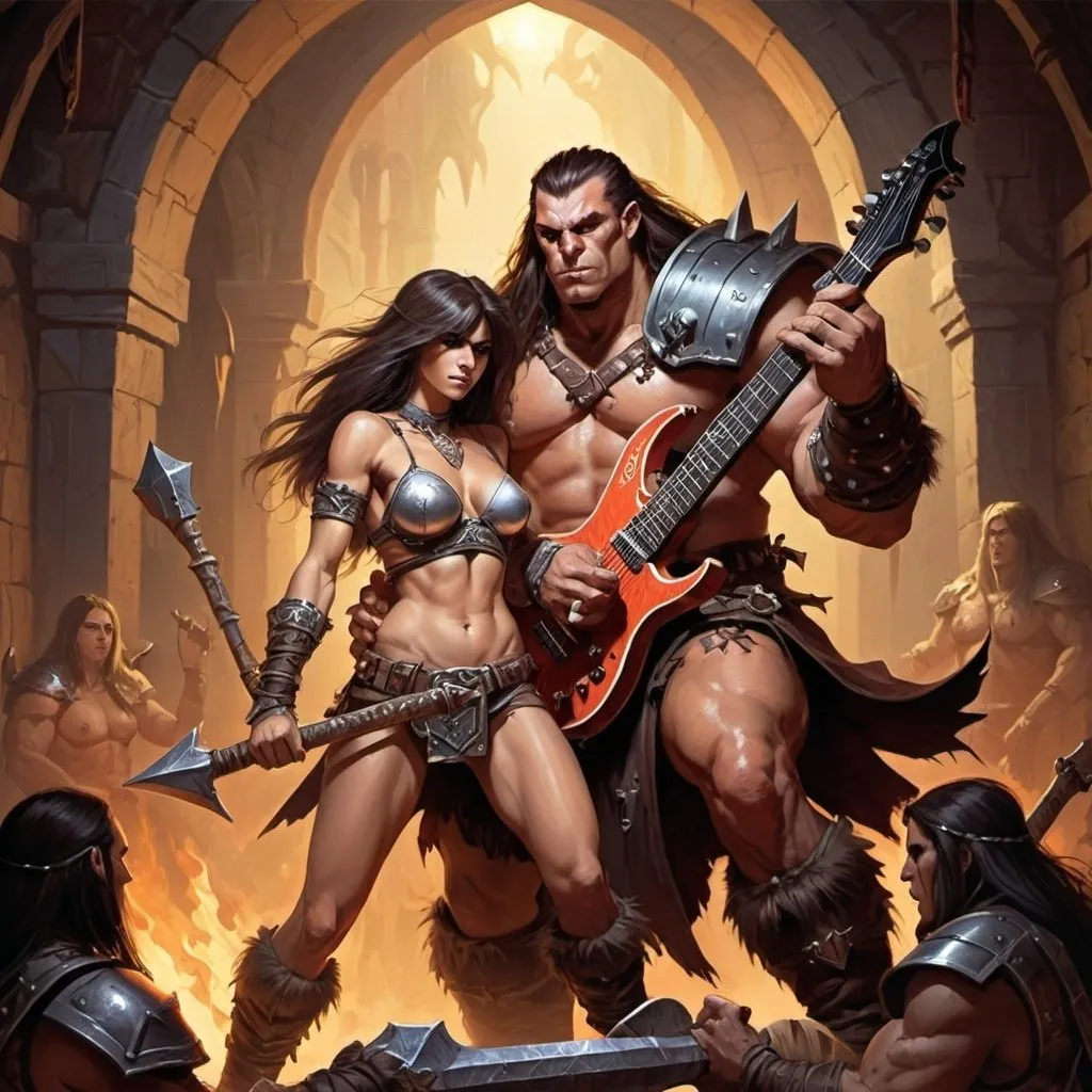 Prompt: dungeons and dragons fantasy art barbarian male heavy metal guitar player, with a cleric female on each side