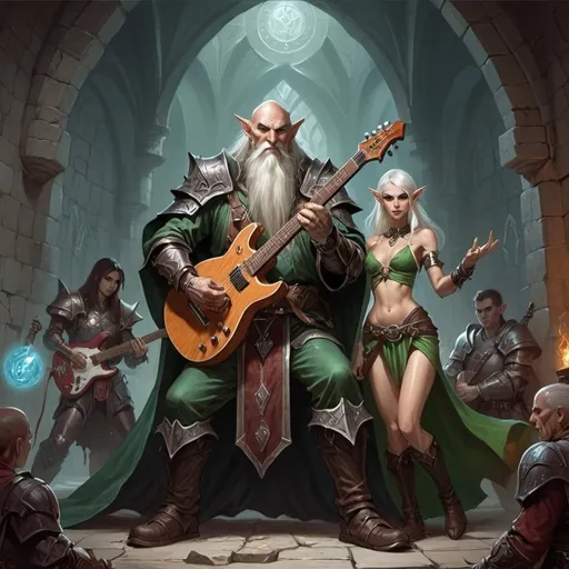 Prompt: dungeons and dragons fantasy art old cleric male heavy metal guitar player, with elf female on each side