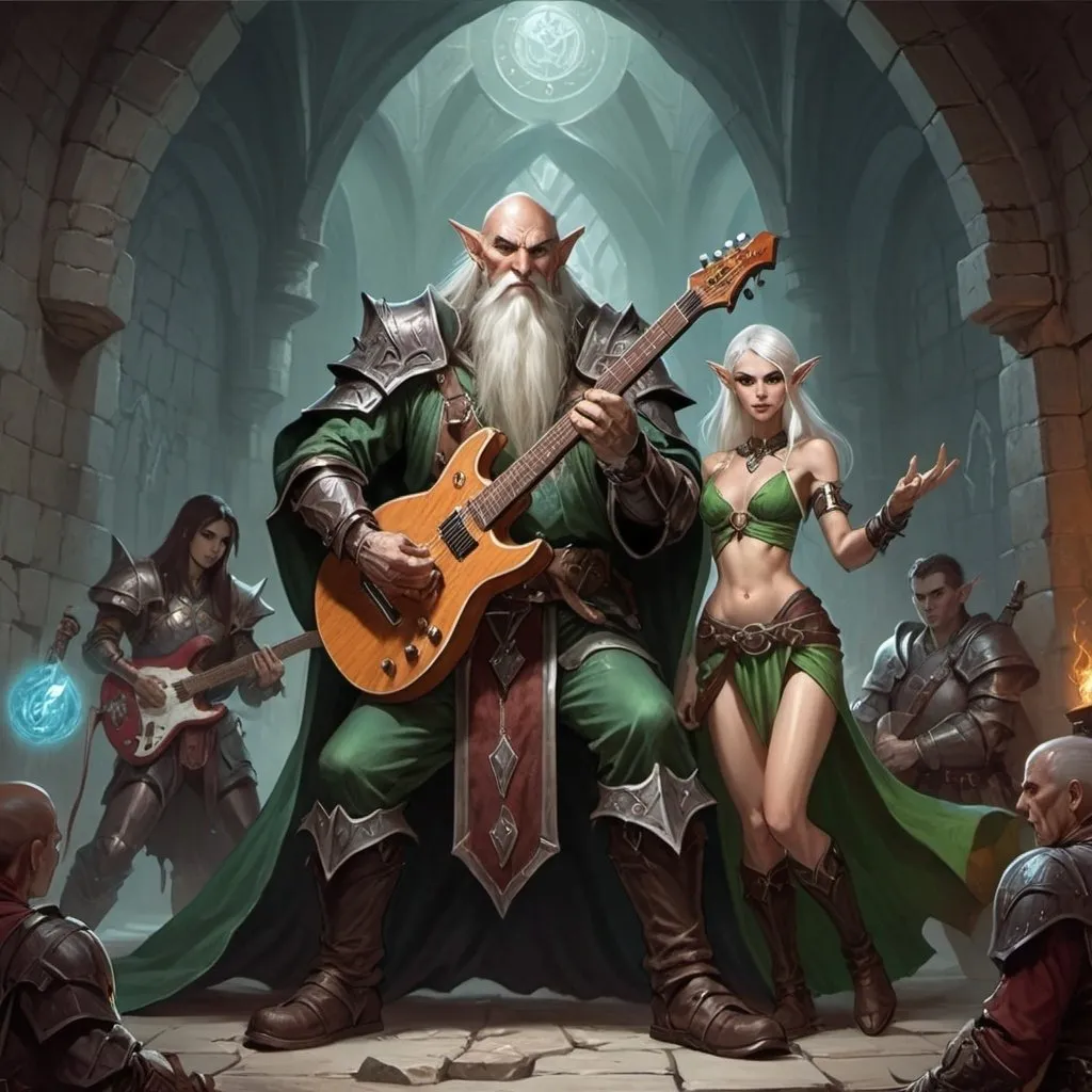 Prompt: dungeons and dragons fantasy art old cleric male heavy metal guitar player, with elf female on each side