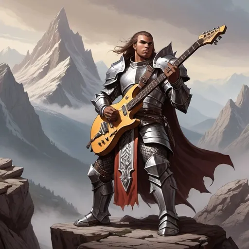 Prompt: dungeons and dragons fantasy art paladin male heavy metal guitar player, mountains in background