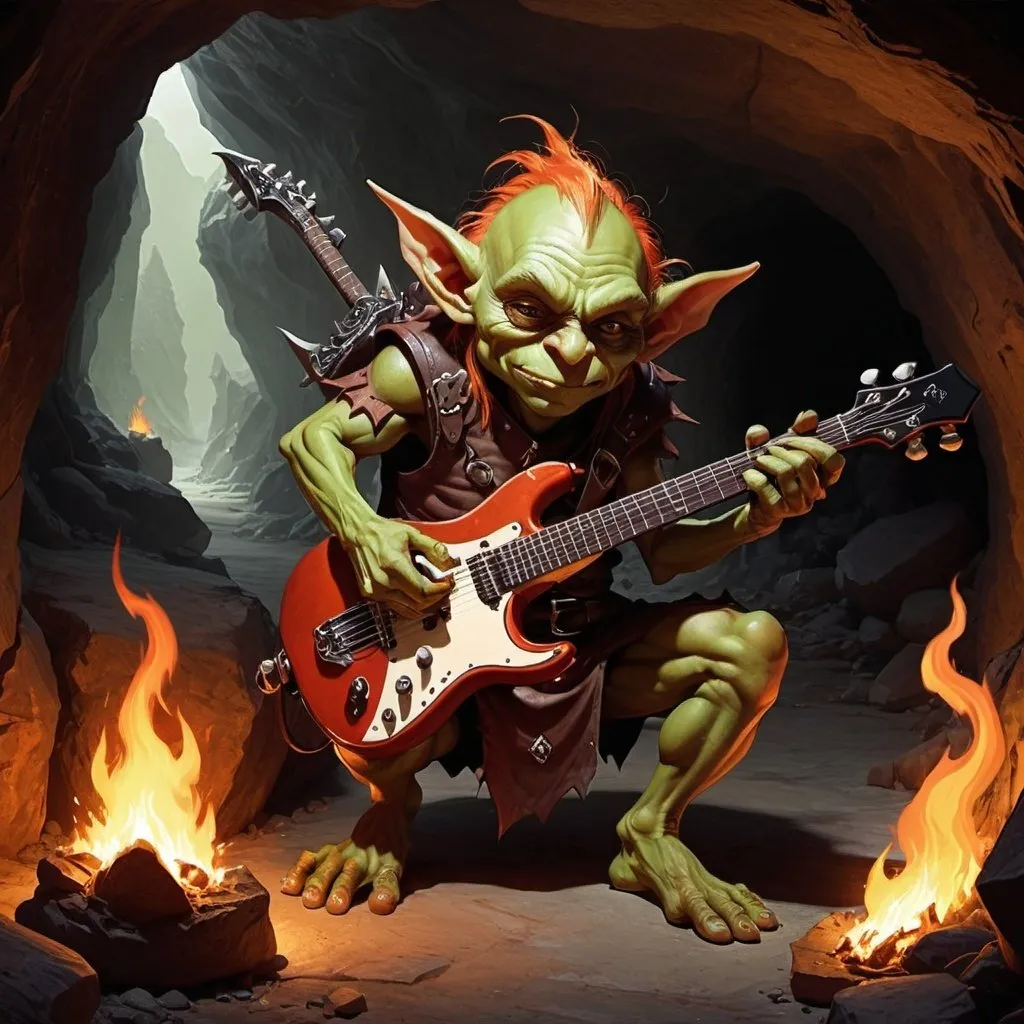 Prompt: dungeons and dragons fantasy art goblin male heavy metal guitar player, in a cave with fire