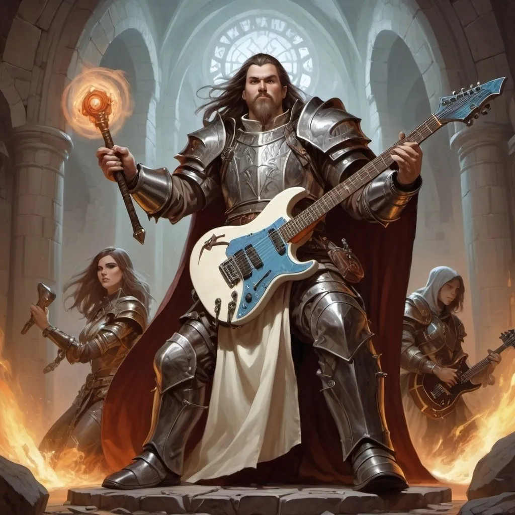 Prompt: dungeons and dragons fantasy art cleric male heavy metal guitar player, with a cleric female on each side