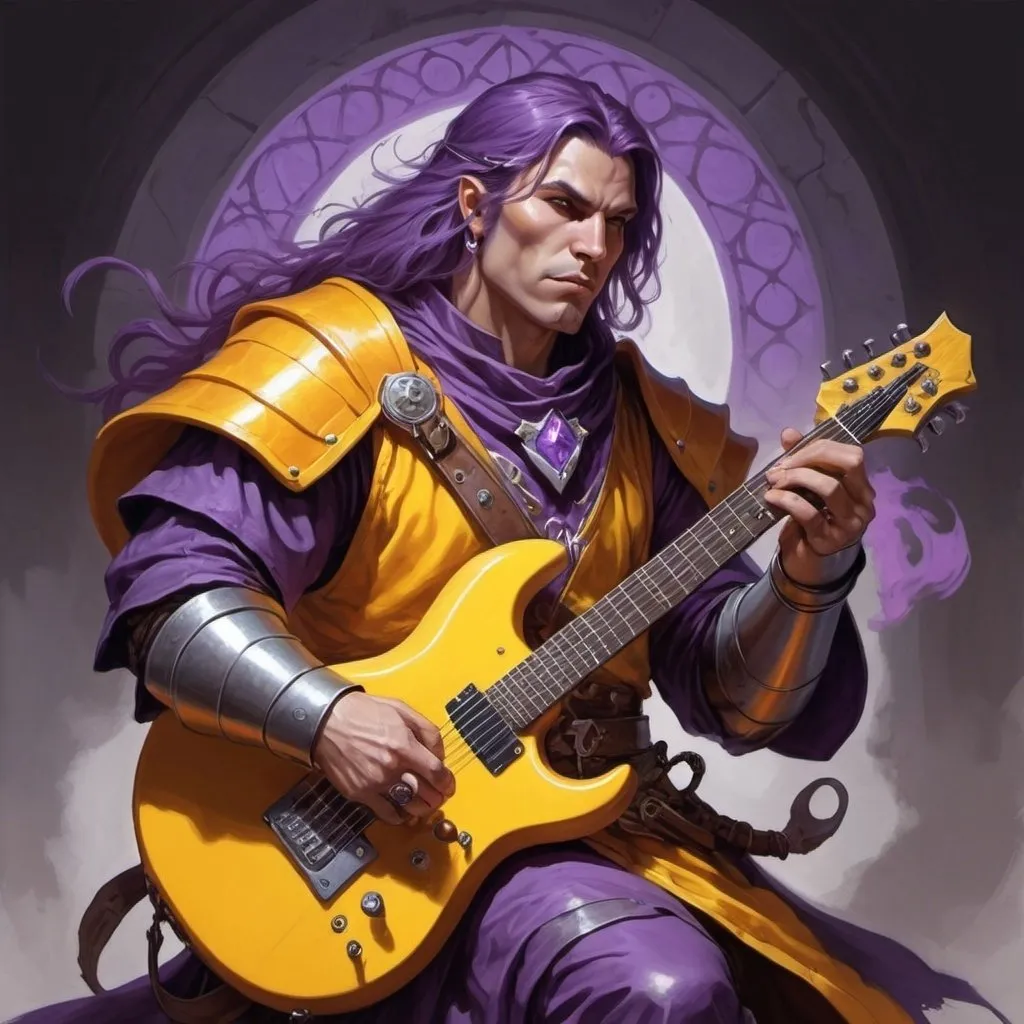 Prompt: dungeons and dragons fantasy art cleric male heavy metal guitar player, use purple, yellow, orange