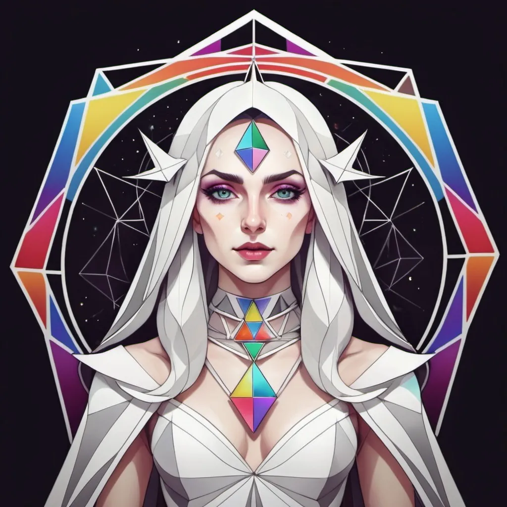 Prompt: White Rainbow Witch Pyrethra in geometric art style