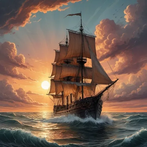 Prompt: Vintage Rough Engraver line art style, colored ink, a ship sailing in the ocean at sunset with a man on the deck of the ship, Anne Stokes, fantasy art, fantasy artwork, a detailed matte painting, cloud and rain, sunset over, ray light rough ink, colored ink, cotton paper, rough ink, detailed matte painting, deep color, fantastical, intricate detail, splash screen, complementary colors, fantasy concept art, 16k resolution trending on Artstation Unreal Engine 5