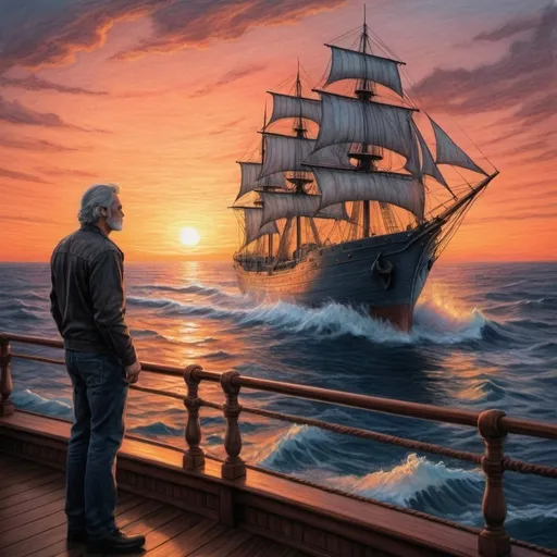 Prompt: a rough of Crayon drawing of a ship sailing in the ocean at sunset with a man on the deck of the ship, Anne Stokes, fantasy art, fantasy artwork, a detailed matte painting, in the style of rough Crayon drawing