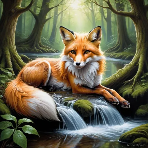 Prompt: a painting of a fox laying down in a forest with a stream of water and trees in the background, Anne Stokes, fantasy art, fantasy artwork, an airbrush painting. The fur of the fox is dense and textured, with each hair finely detailed and shimmering under an artificial illumination. Sparks fall around it, adding to the magical, serene atmosphere. The scene is set on a magical grass inside a forest. The color palette is dominated by shades of green and white, emphasizing a chilly, enchanting ambiance