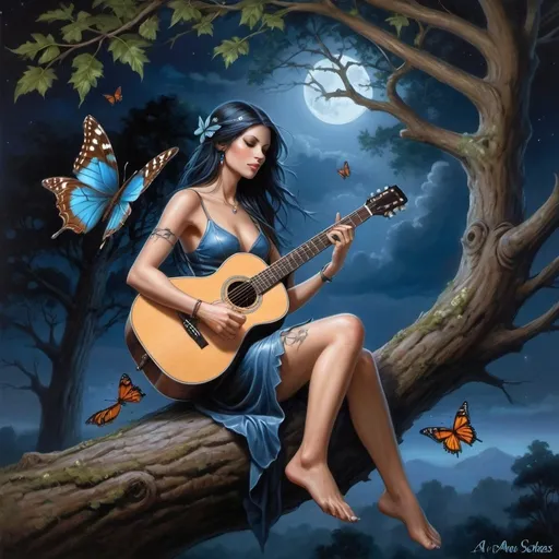 Prompt: a woman sitting on a tree with a guitar in her lap and a butterfly flying above her head, in the night, Anne Stokes, fantasy art, fantasy artwork, a fine art painting