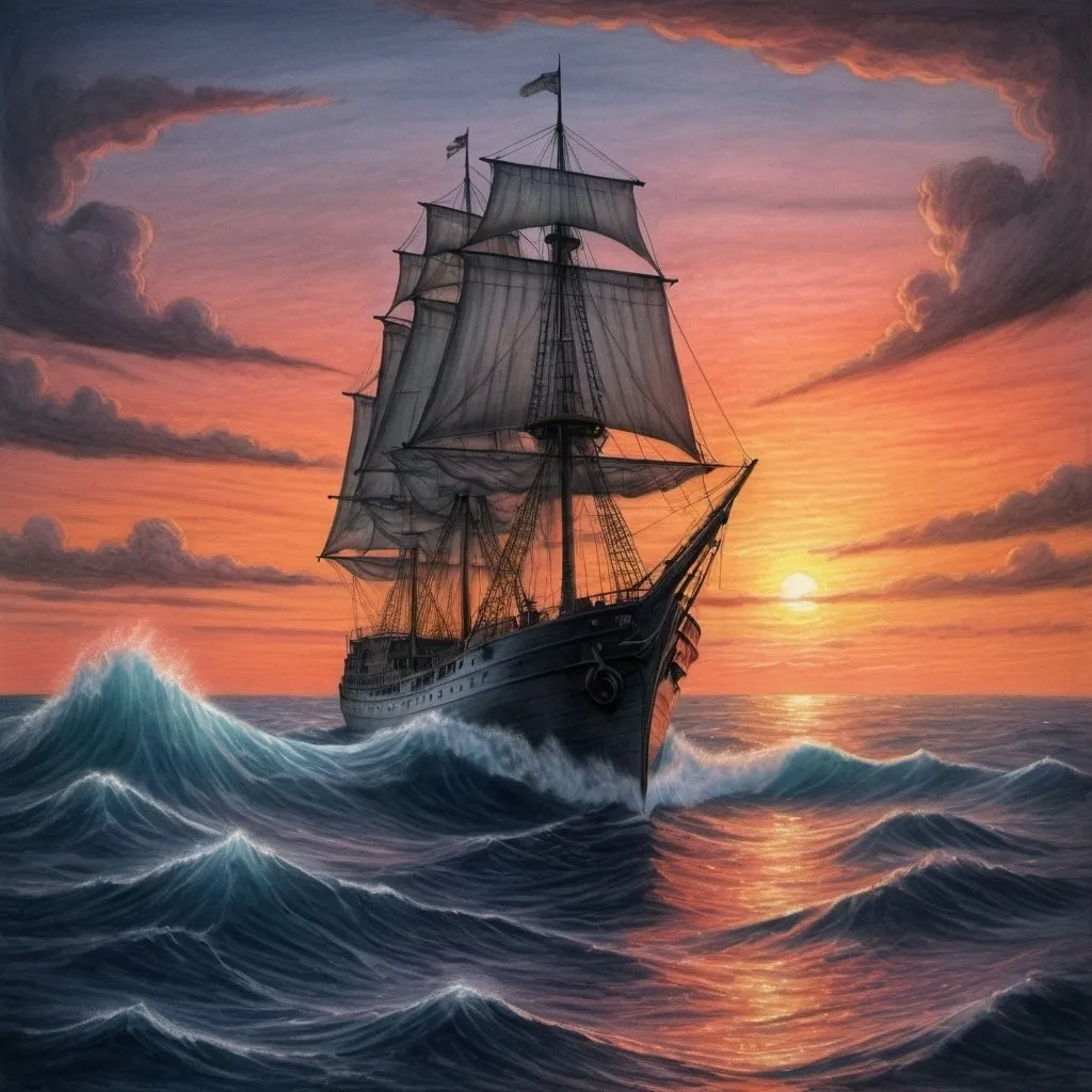 Prompt: a Crayon drawing of a ship sailing in the ocean at sunset with a man on the deck of the ship, Anne Stokes, fantasy art, fantasy artwork, a detailed matte painting, in the style of Crayon drawing