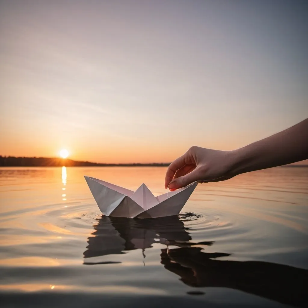 Prompt: a person is holding a paper boat in the water at sunset or sunrise or sunset is the only way to go, Bernd Fasching, neo-romanticism, sunset, a picture