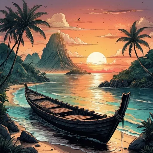 Prompt: Vintage Rough Engraver line art style, colored ink, a beautiful sunset in the ocean with small traditional Indonesian boat near in the tropical paradises, cloud and rain, sunset over, ray light rough ink, colored ink, cotton paper, rough ink, detailed matte painting, deep color, fantastical, intricate detail, splash screen, complementary colors, fantasy concept art, 16k resolution trending on Artstation Unreal Engine 5