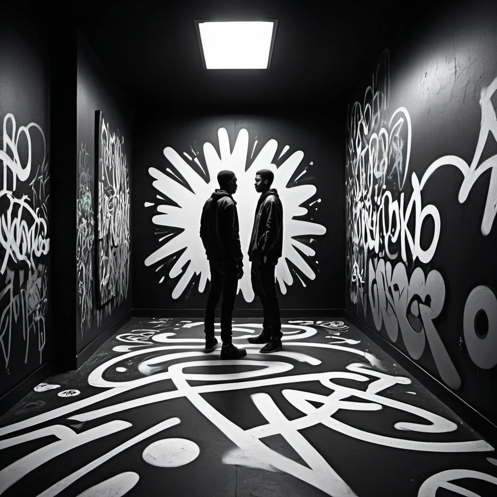 Prompt: room with 2 black walls with a white figure on them on opposite walls and 2 white walls with white figures on them opposite the black walls and graffiti around them