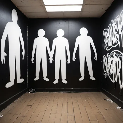 Prompt: room with 2 black walls with a white figure on them on opposite walls and 2 white walls with white figures on them opposite the black walls and graffiti around them