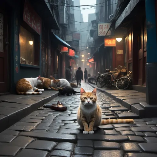 Prompt: (accurately spelled text "একটি বিড়াল খুব অসুর"), a chaotic street scene featuring a mystical cat, dimly lit with a cinematic ambiance, an unfortunate person lying on the ground, an urgent-looking passerby assisting, dark and vibrant colors highlighting tension, urban elements scattered around, hints of a nearby hospital in the background, ultra-detailed expression of concern, capturing a high-stakes moment in a surreal storytelling imagery.