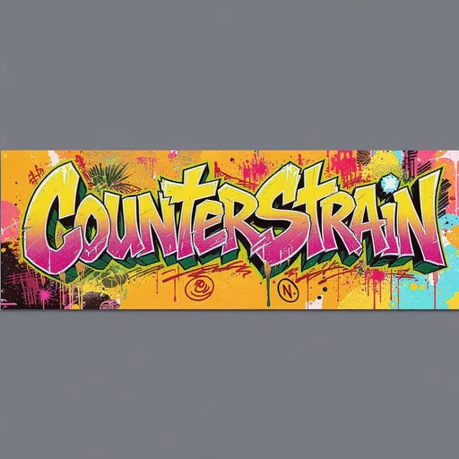 Prompt: Design me a banner displaying the name CounterStrain in graffiti letters. it needs to be 975 pixels wide, 180 pixels tall, .jpg 2mb max. in vibrant tropical colors
