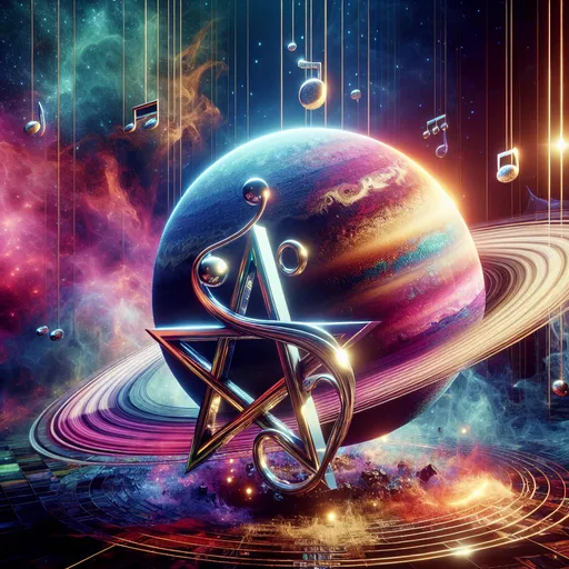 Prompt: (planet Saturn), chrome pentagram, music  note, stylistic font, glowing, (STAR WORLD), ray tracing reflections, vibrant colors, dramatic lighting, , ethereal atmosphere, ultra-detailed, high-quality,  immersive visual experience, blending historical and modern elements.