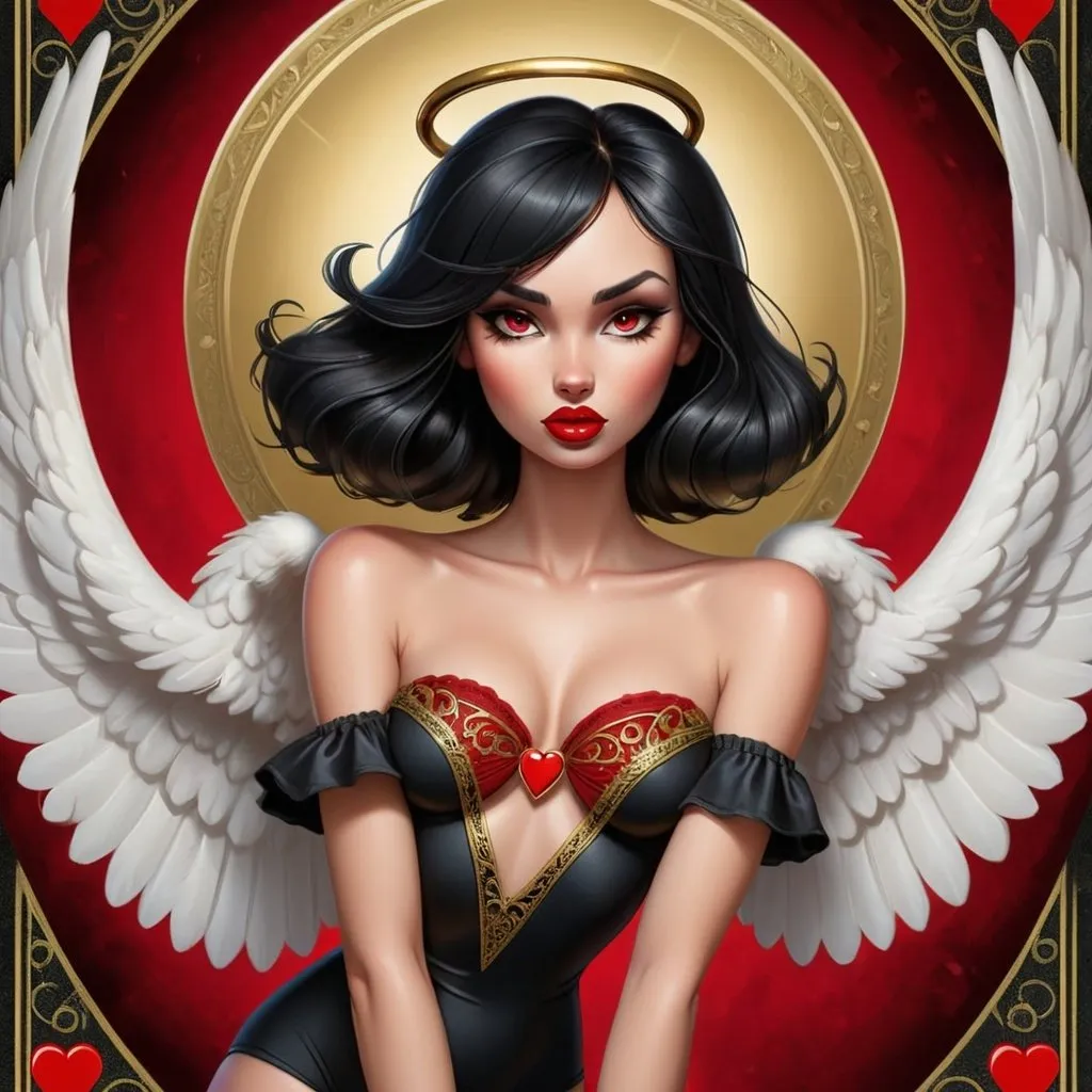 Prompt: Inside an ace of hearts playing card at the center of a playing card is a beautiful female angel with a gold halo, black hair and red lipstick, a stylized black bathing suit ,  playing card Gothic font text reads "ACES & ANGELS"