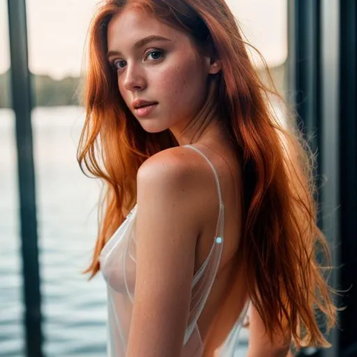 Prompt: redhead girl with long hair over her front in wet transparent dress without underwear