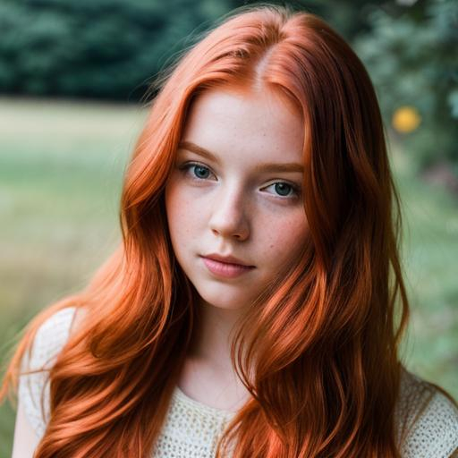 Prompt: redhead girl with long heir over her front wihout front