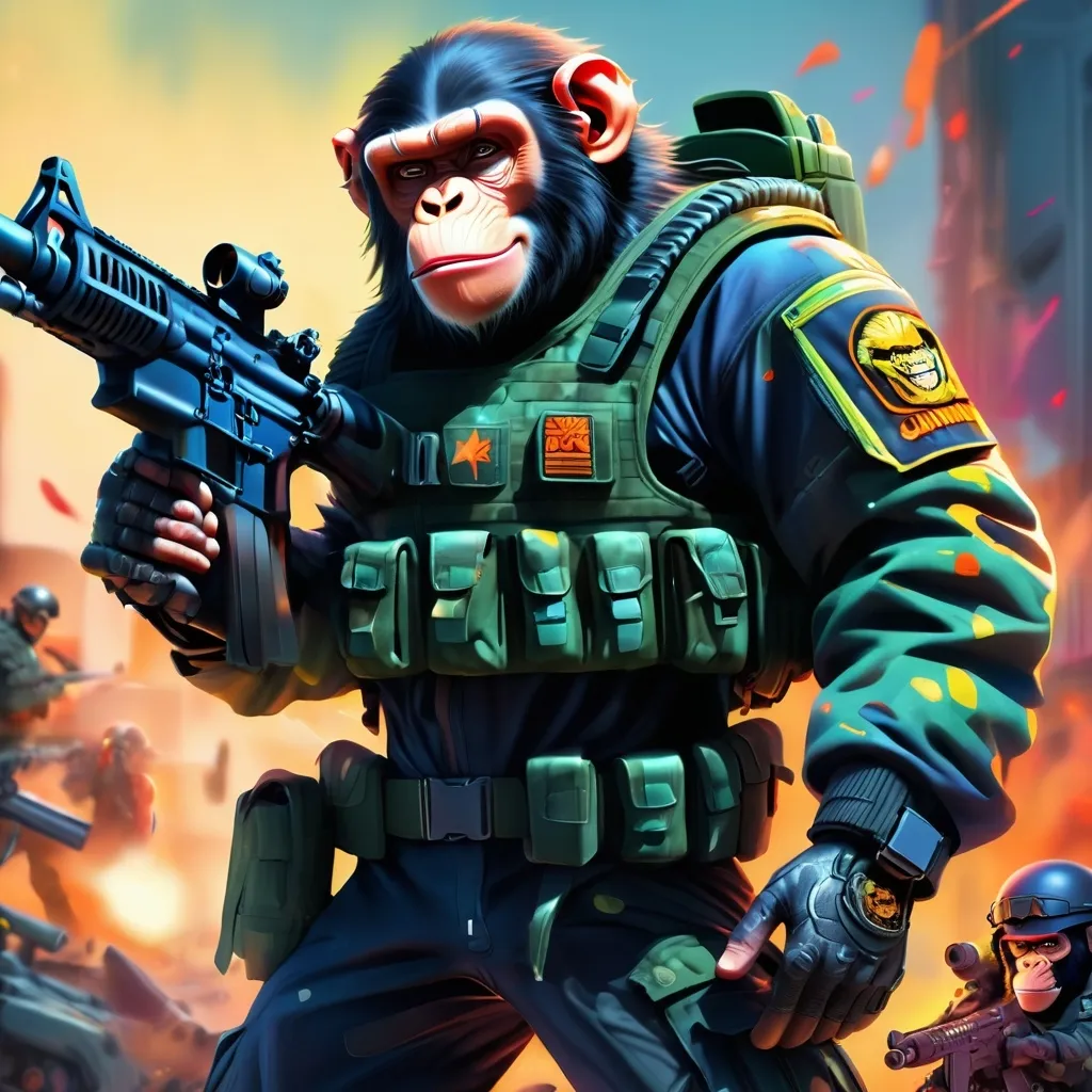 Prompt: chimp wearing special operations gear holding heavy machine gun, animated style,