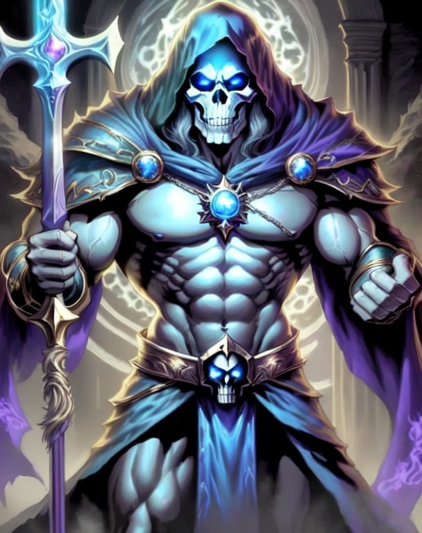 Prompt: Skeletor, huge body, wielding a golden finger ring in one hand and apowerful wizard staff with a magical green glow in other, lord of the rings theme, glowing green eyes, holding one ring, watercolor style, intricate skeletal face, dark and gothic atmosphere, detailed skull, powerful pose, fantasy, gothic, lord of the rings, watercolor, dark tones, fantasy background with dark magical lighting, detailed, atmospheric