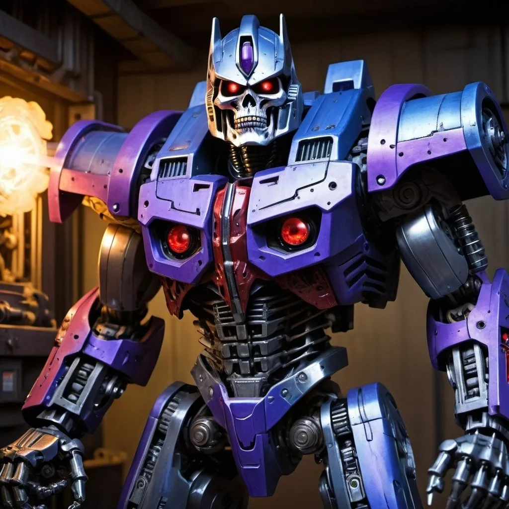 Prompt: Transformer blending Megatron and Skeletor, detailed skull face, blue body, metallic texture armor, robotic design, glowing red and purple eyes, large sword, gritty industrial setting, detailed mechanical parts, powerful and menacing presence, high-tech cannon arm, dark and dramatic lighting, high quality, sci-fi, robotic, menacing, industrial, powerful design, detailed mechanical parts, glowing accents, cannon arm, gritty atmosphere, professional lighting