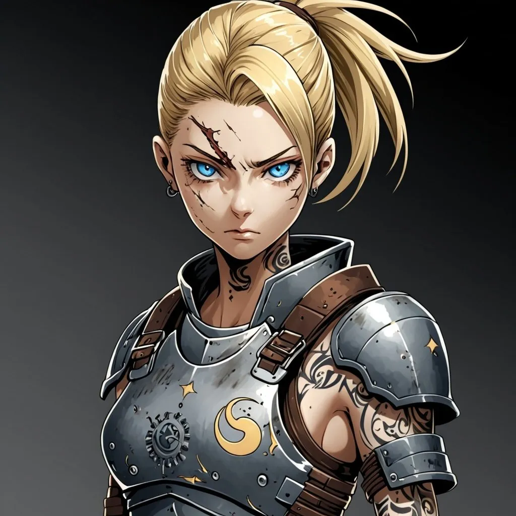 Prompt: Nova is a slender but fit blonde with piercing blue eyes. Her hair is often messy and unkempt, as if she's been running through the shadows or dodging attacks.
She wears a brown leather jacket with metal armor plating on her shoulders, chest, and arms. The armor is dented and scratched, giving off a sense of wear and tear.
Her attire is practical and functional, with multiple pockets and pouches containing various tools and supplies.
She has a small tattoo of a crescent moon on her left cheekbone and a scar above her right eyebrow. (((Kenji Toba)))