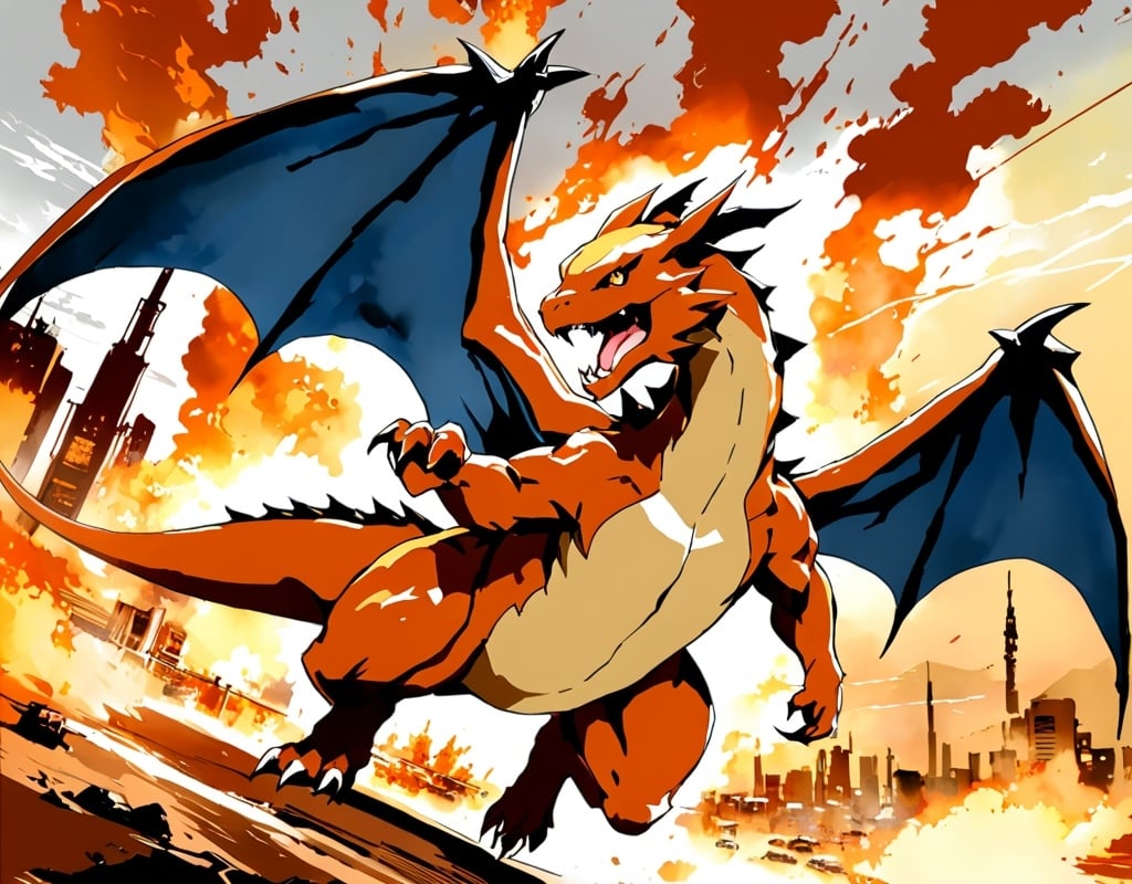 Prompt: (((Yoji Shinkawa))), sticker of ultra detailed portrait of Charizard, breathing fire, intense flames, desert city, high quality cell shaded illustration in post sci fi apocalyptic style by Yoji Shinkawa, ((full body)), sci fi city, dynamic pose, perfect anatomy, centered, freedom, soul ,approach to perfection, cell shading, 4k , cinematic dramatic atmosphere, watercolor painting, global illumination, detailed and intricate environment, artstation, concept art, fluid and sharp focus, volumetric lighting, cinematic lighting, Art by Yoji Shinkawa,