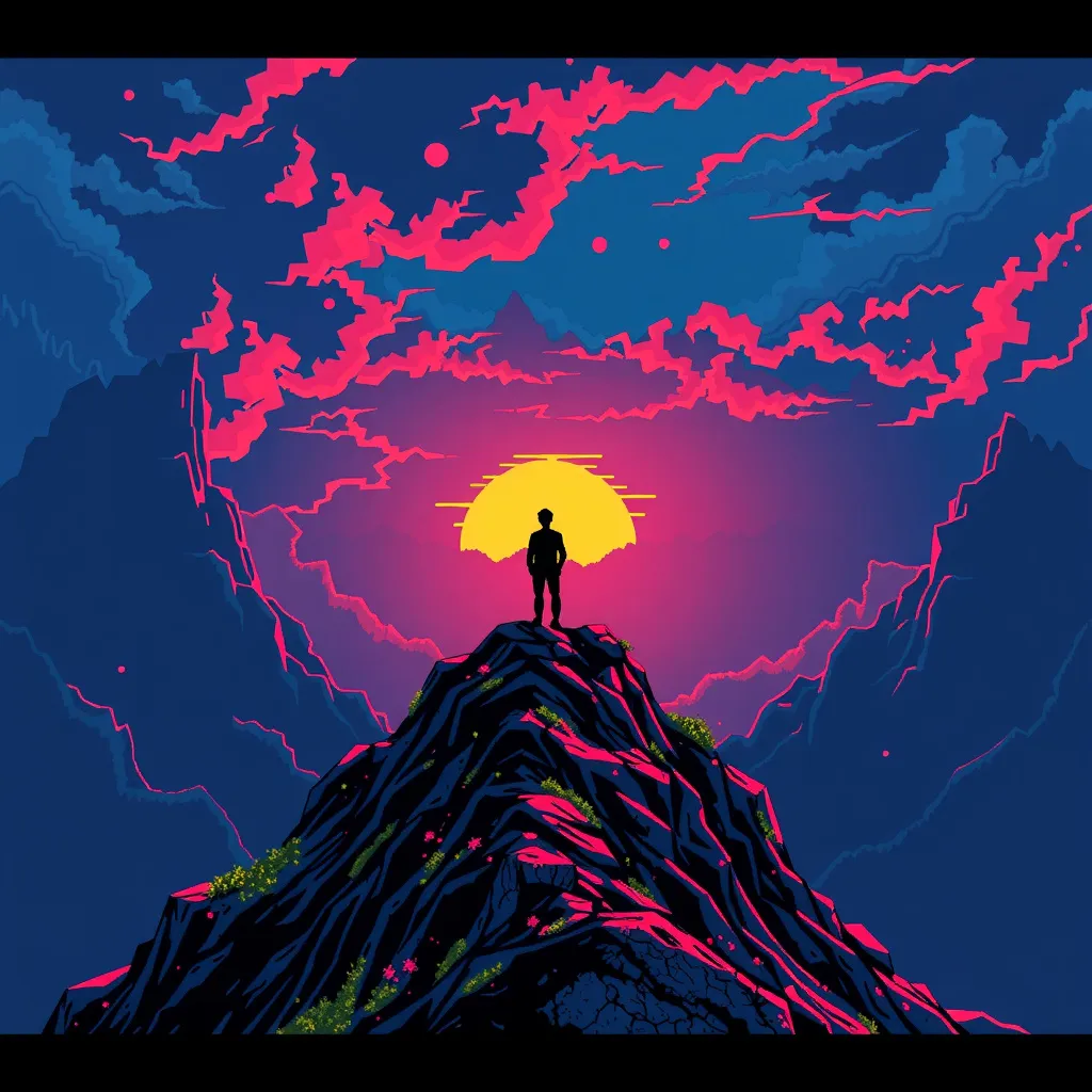 Prompt: (3D pixel art), (8-bit arcade style), representation of "A person standing at the top of a hill looking at a sunrise", intricate background, contrasting bright pixels, ominous atmosphere, vivid colors, immersive environment, retro gaming vibes, dynamic inspirational composition, no letters