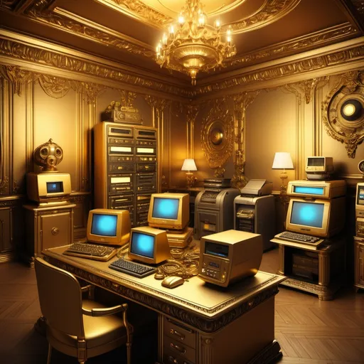 Prompt: gold room interior, (luxurious), vintage computers, classic printer, ornate router, elegant server unit, warm golden tones, (ambient lighting), elaborate textures, opulence, sophisticated decor, retro technological gadgets, high detail, (intricate details), moody atmosphere, ultra-detailed, (artistically rich).