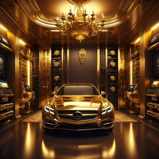 Prompt: gold cars room interior facebook, (luxurious),  server racks, warm golden tones, (ambient lighting), elaborate textures, opulence, sophisticated decor, retro technological gadgets, high detail, (intricate details), moody atmosphere, ultra-detailed, (artistically rich).