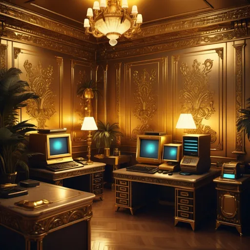 Prompt: gold room interior, (luxurious), vintage computers, classic printer, ornate router, elegant server unit, warm golden tones, (ambient lighting), elaborate textures, opulence, sophisticated decor, retro technological gadgets, high detail, (intricate details), moody atmosphere, ultra-detailed, (artistically rich).